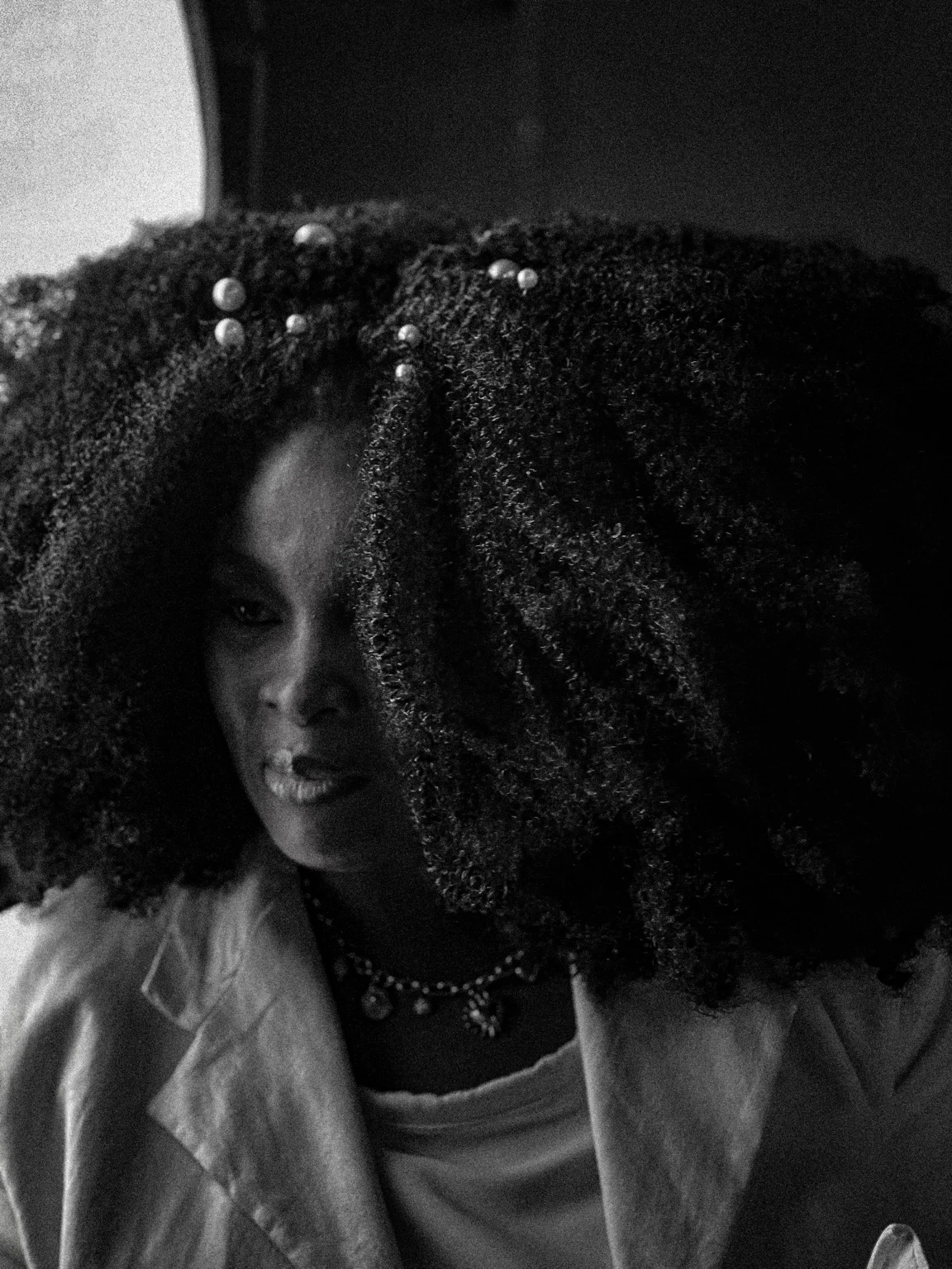 Monochrome portrait with textured hair